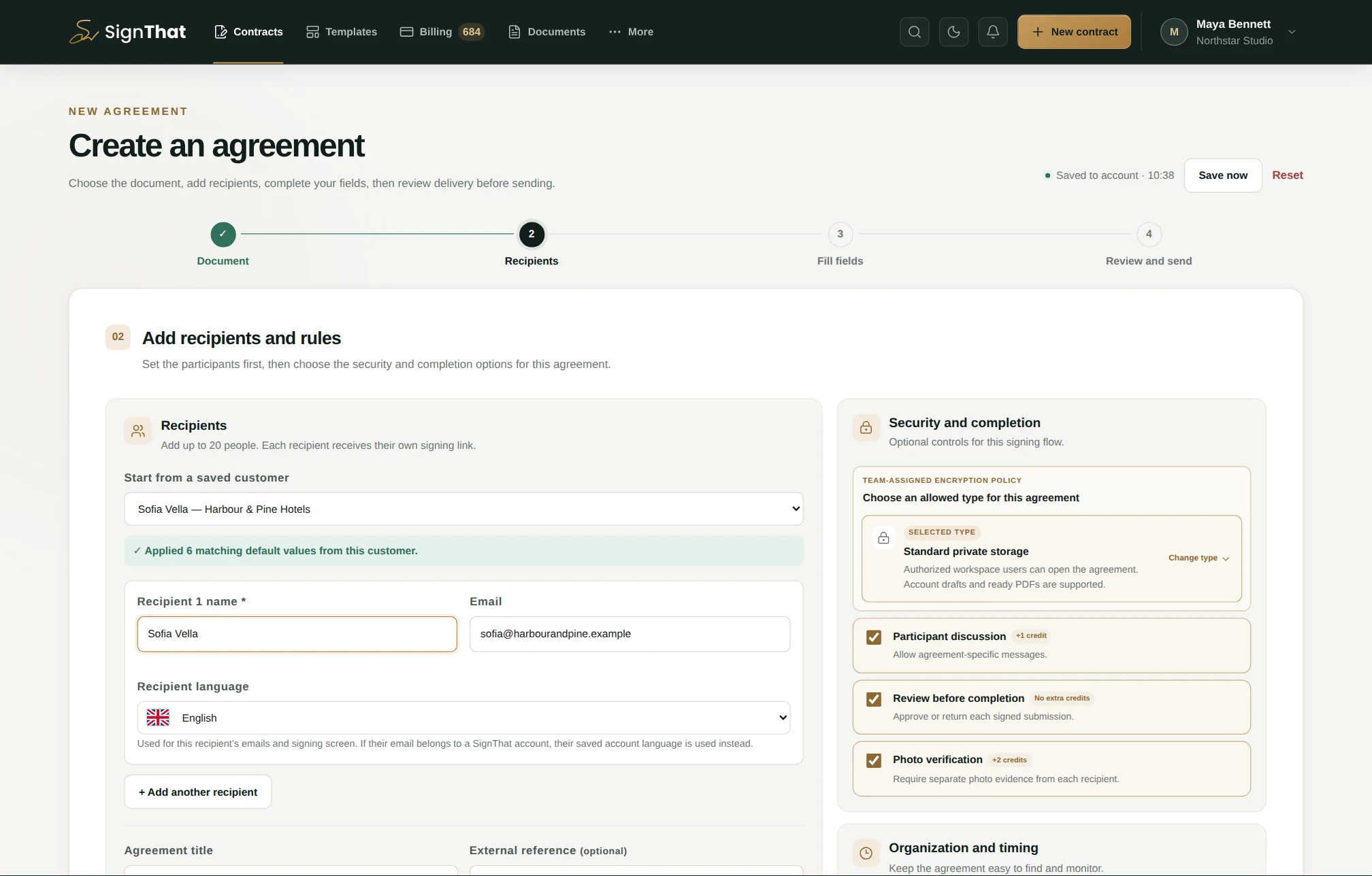 SignThat agreement creation page showing a saved customer, recipient details, applied defaults, security and completion rules