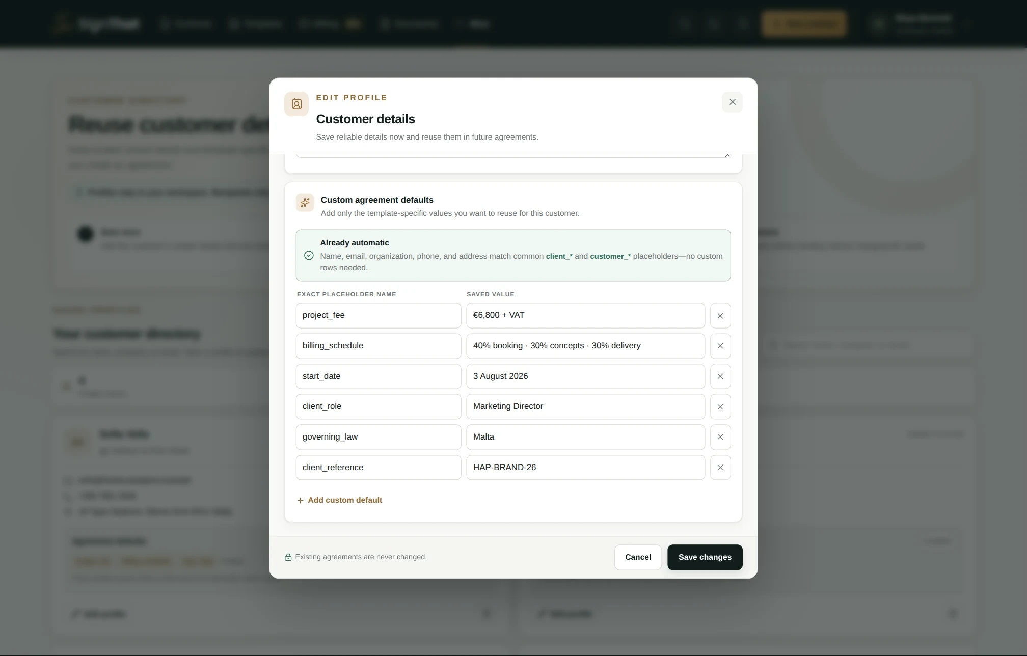 SignThat customer profile editor showing automatic contact matching and saved project fee, billing schedule, start date and governing law defaults