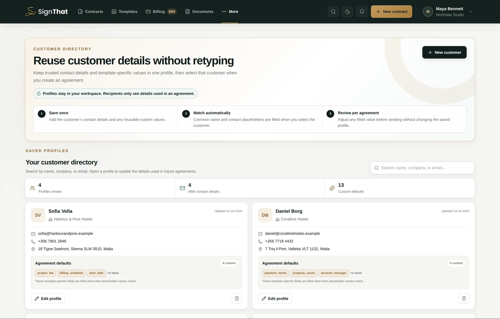 SignThat customer directory showing four realistic customer profiles, contact details and saved agreement defaults