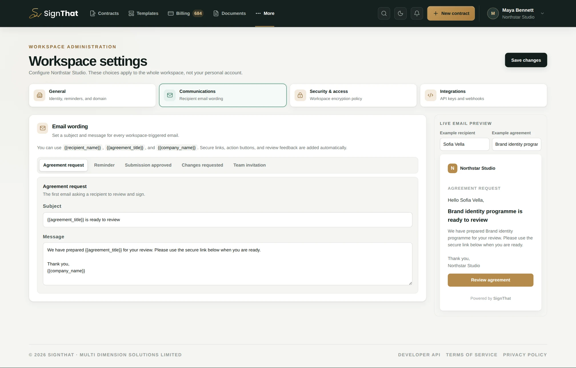 SignThat workspace communications settings showing default agreement email wording and a live preview for Sofia Vella