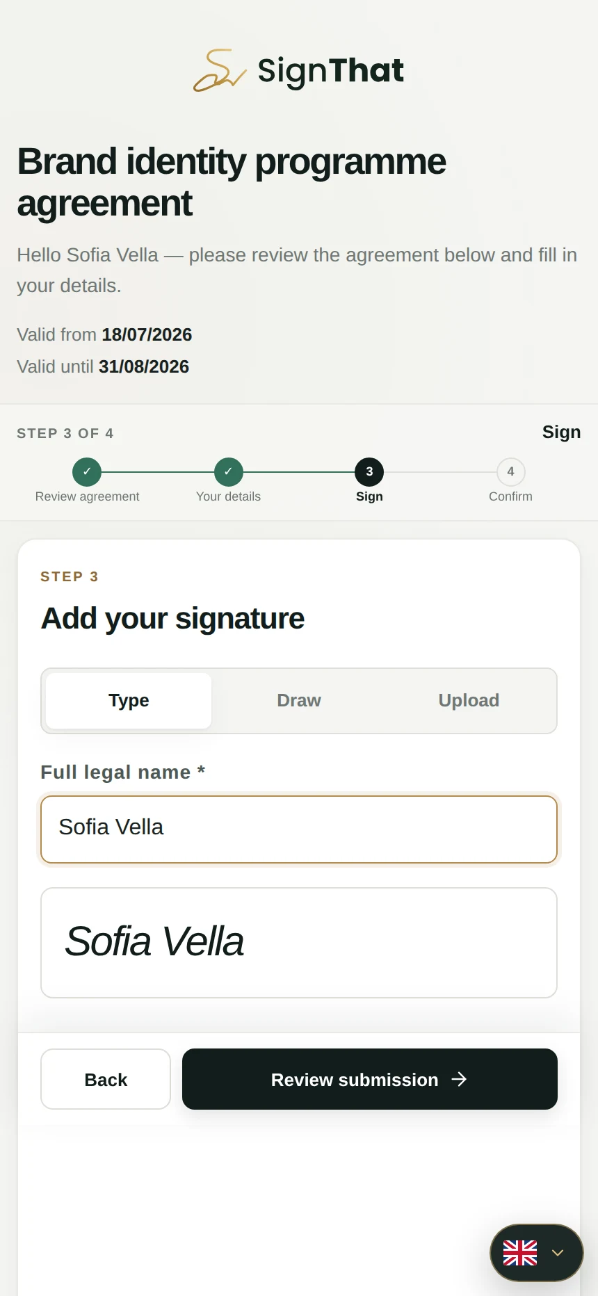SignThat mobile signing screen showing a four-step progress indicator and typed signature for fictional recipient Sofia Vella