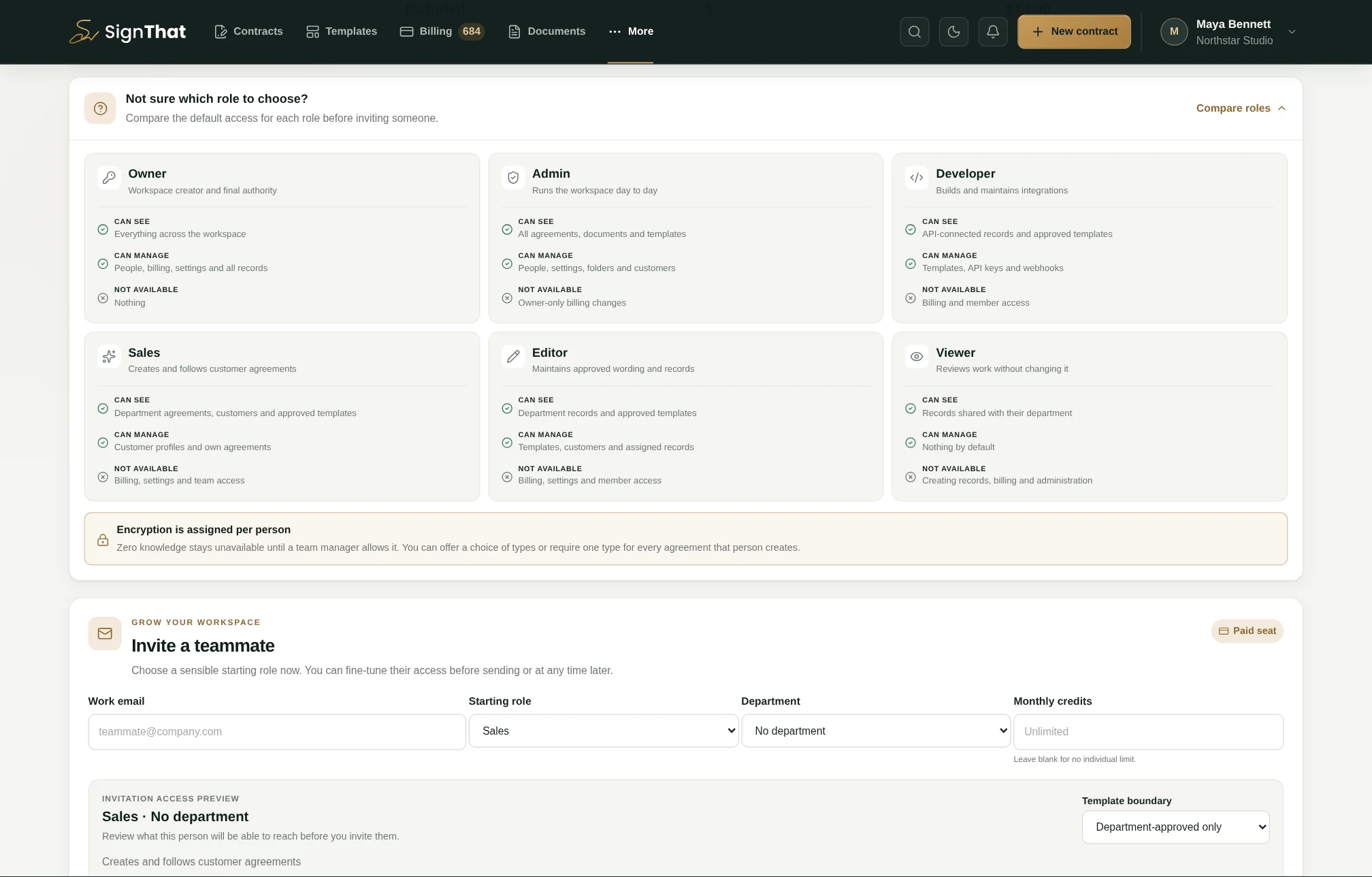 SignThat Team page showing the expanded comparison for Owner, Admin, Developer, Sales, Editor and Viewer roles