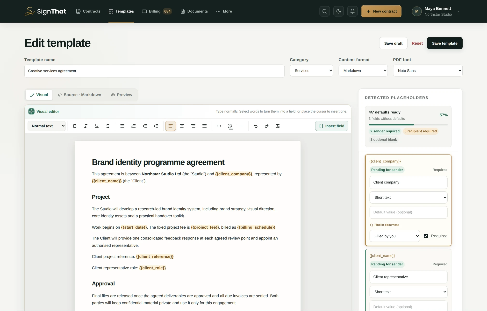 SignThat template editor containing a realistic brand identity agreement in Markdown and a detected placeholders panel